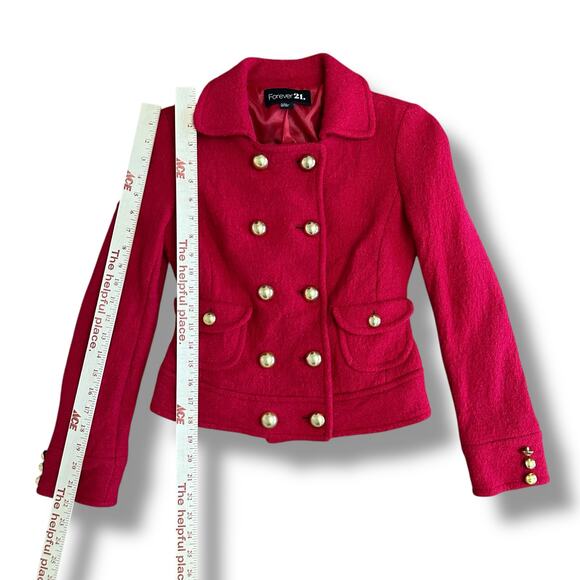 Y2K Forever 21 Red Military Jacket Small Wool Blend Cropped Blazer Gold Buttons - Picture 4 of 8
